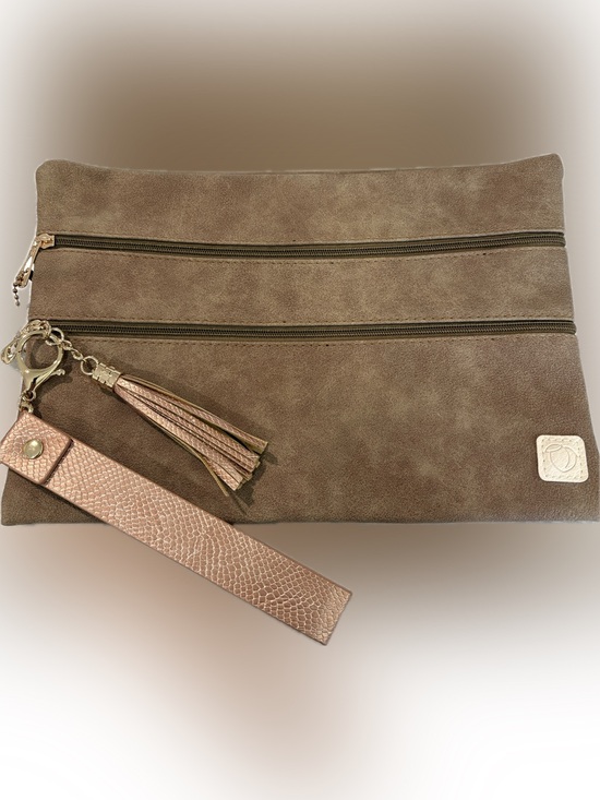 Handbags - Peachy Keen Versi Bag Taupe Vegan Suede Double Zip Wristlet Clutch 10” x 7”